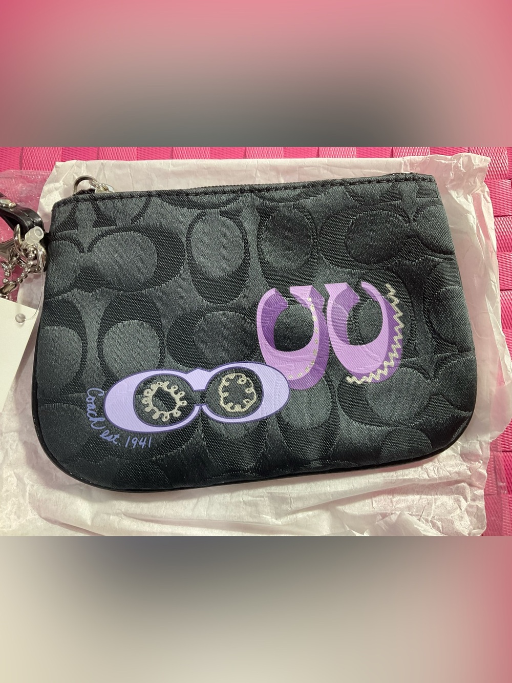 Coach Black Signature Wristlet with Purple Graphic